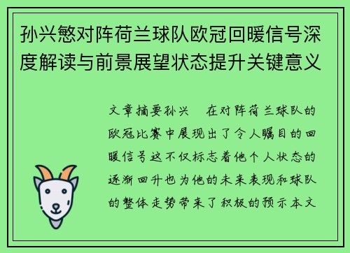 孙兴慜对阵荷兰球队欧冠回暖信号深度解读与前景展望状态提升关键意义