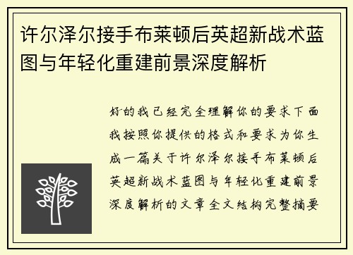 许尔泽尔接手布莱顿后英超新战术蓝图与年轻化重建前景深度解析