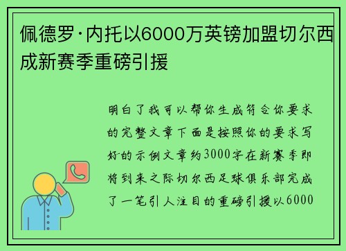 佩德罗·内托以6000万英镑加盟切尔西成新赛季重磅引援